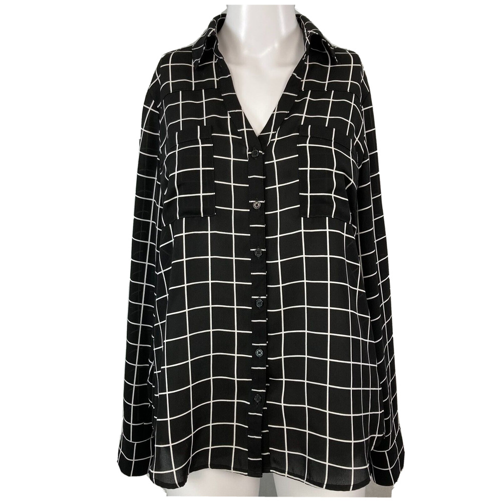 Express Shirt Womens Sz S Portofino Black White Collar Top Button Up Pockets